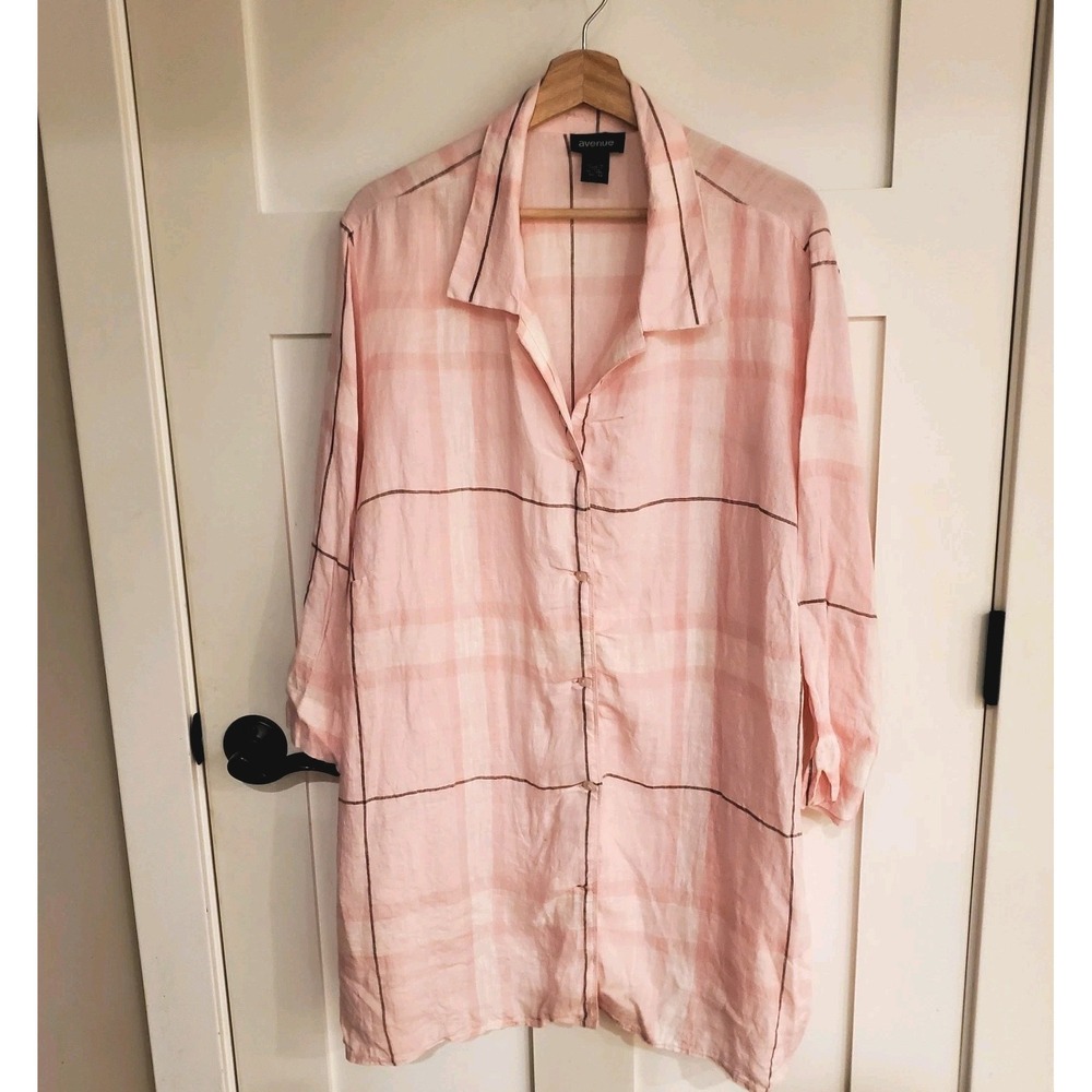 Avenue 100% Linen Tunic Top Womens Plus 5X 30/32 Lagenlook ButtonUp Blouse Pink
